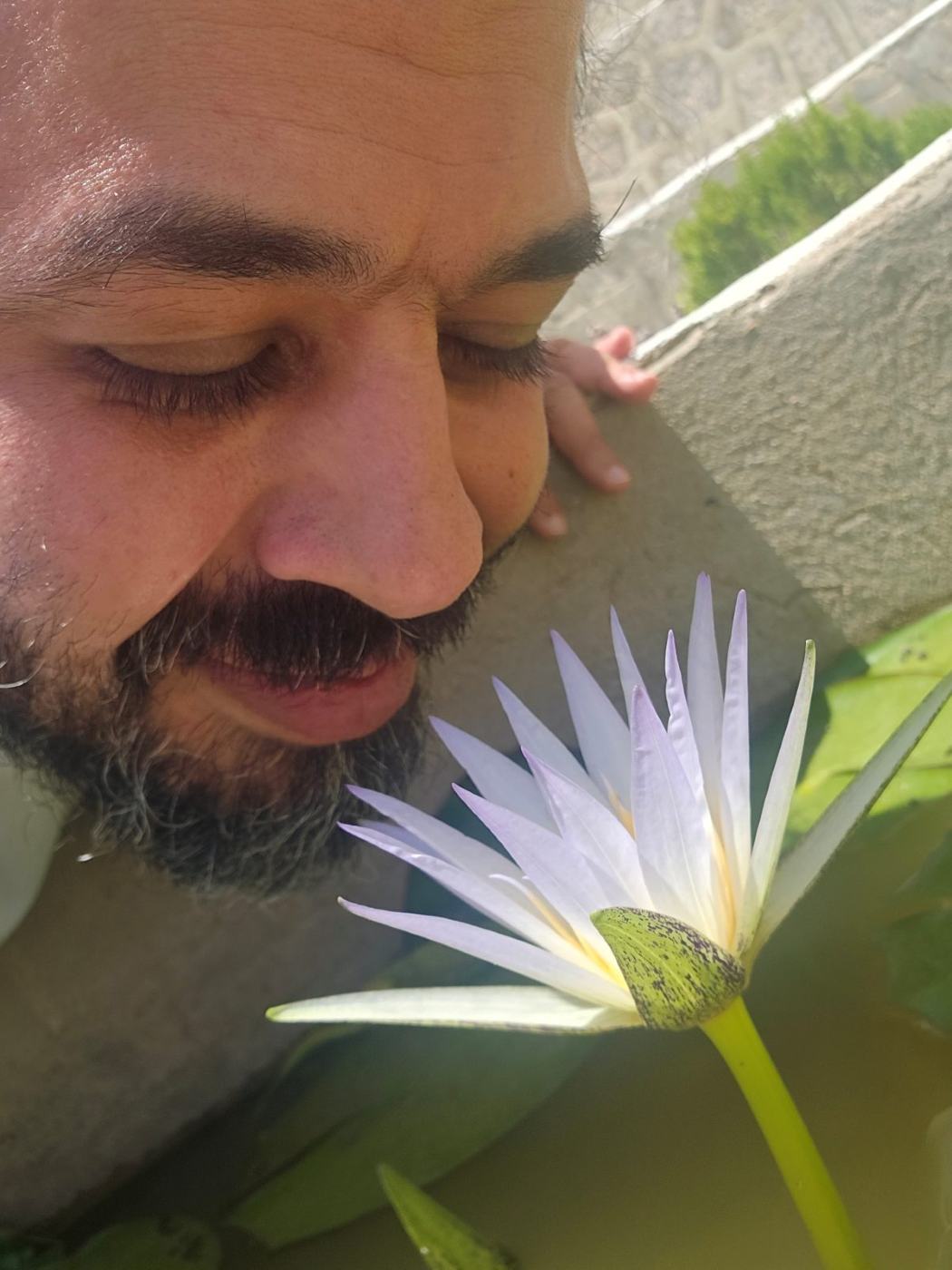 Ali Odeh close beside an open blue lotus flower in bloom.