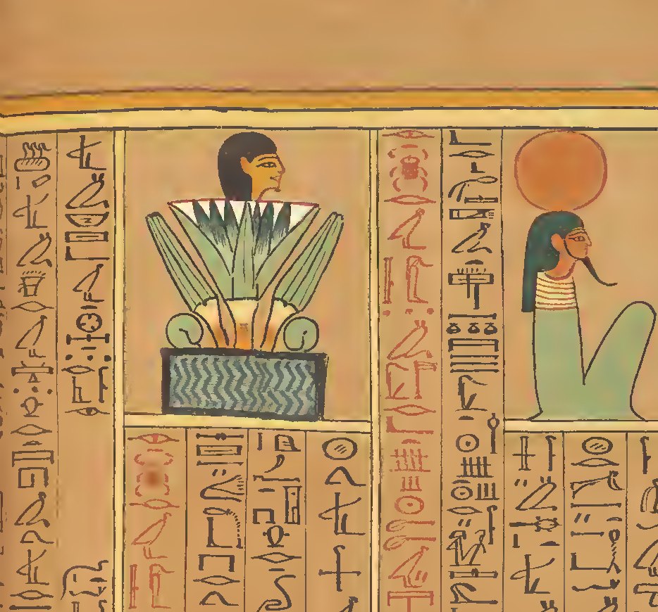 The vignette of Spell 81A in the Papyrus of Ani: a human head rising from a lotus flower above a pool of water, beside columns of hieroglyphs.