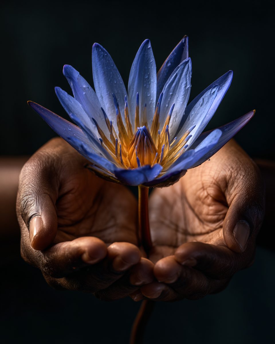 A single Blue Lotus flower held gently in two open hands.